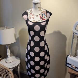 Le Chateau Black and Rose Polka Dot Midi Dress